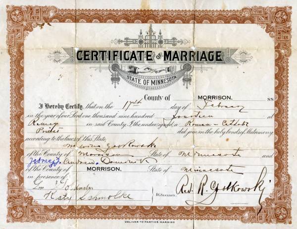 Certificate of Marriage for Andrew and Malvina Dominik