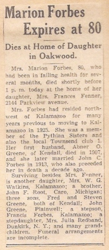 Obituary for Marion Dearborn (Root, Green) Forbes